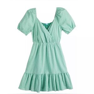 Draper James RSVP Teal & White Gingham Puff Sleeve Surplice Mini Dress 1X NWT